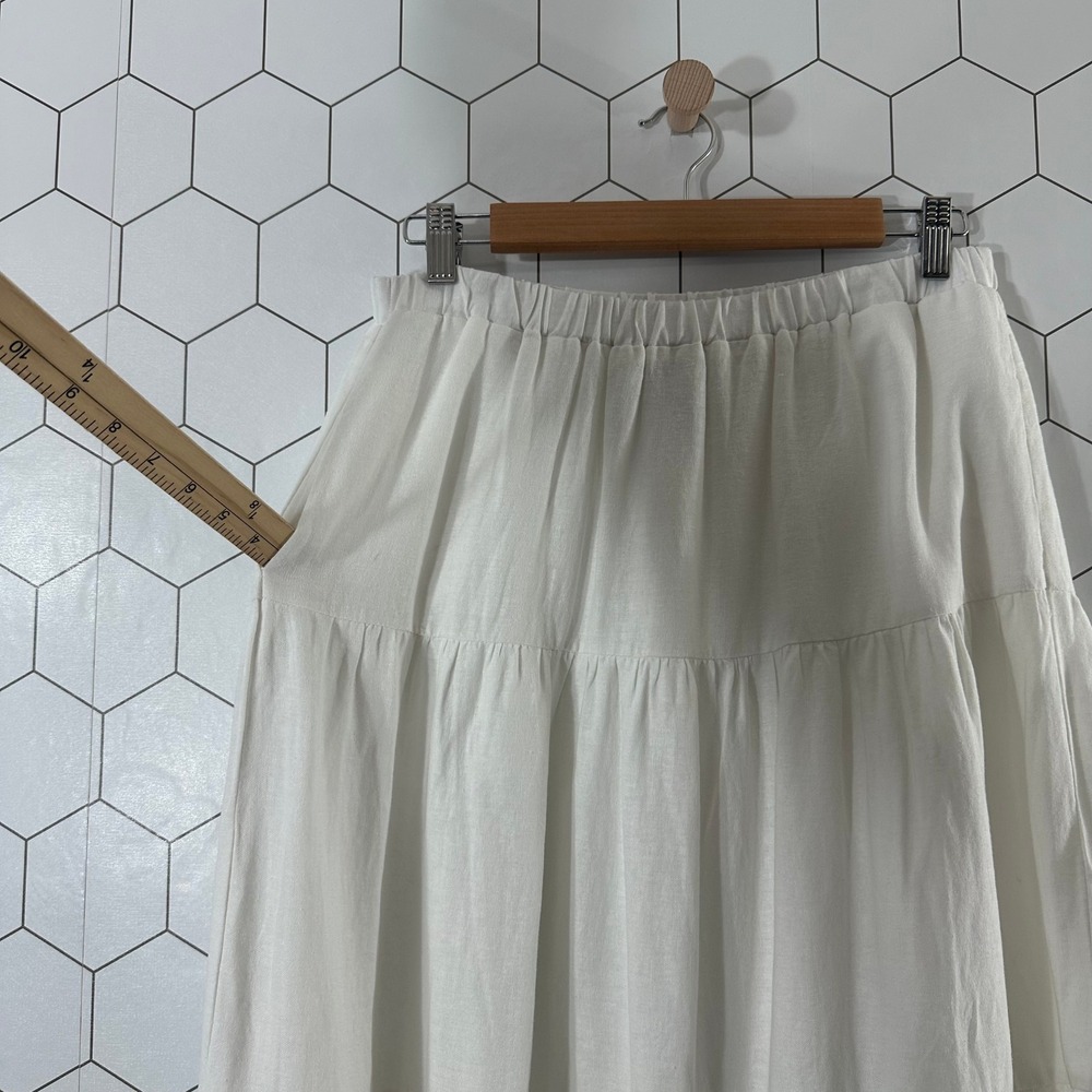 Laura Ashley White Linen Blend Tiered Maxi Skirt Elastic Waist Pockets‎ Large - Picture 5 of 8